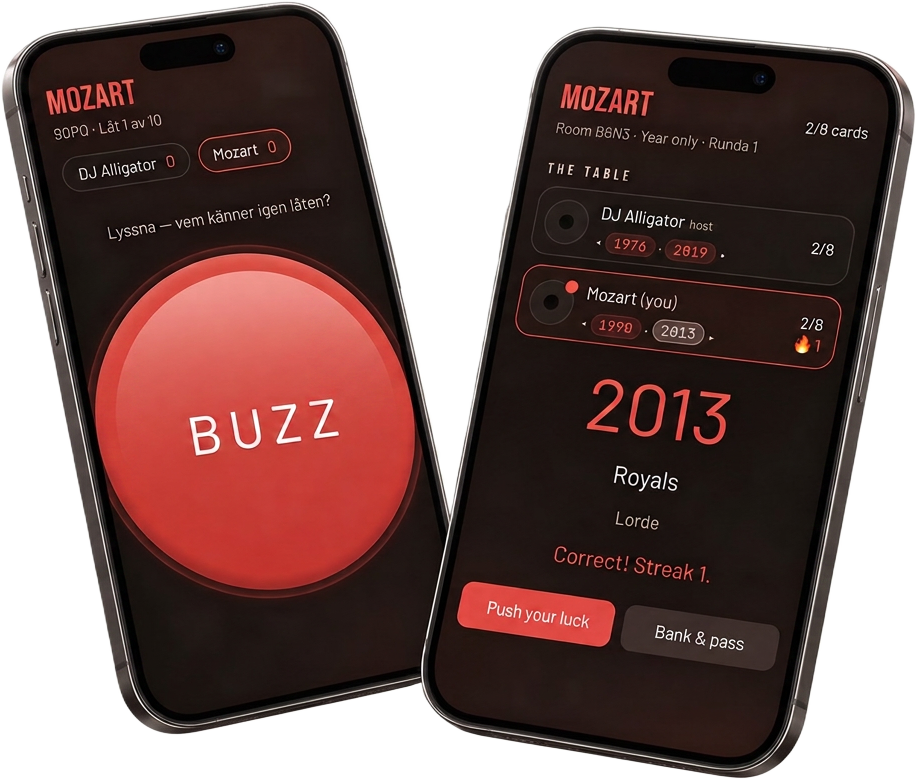 Two phones side by side: the BUZZ button on one, a timeline and the revealed song on the other
